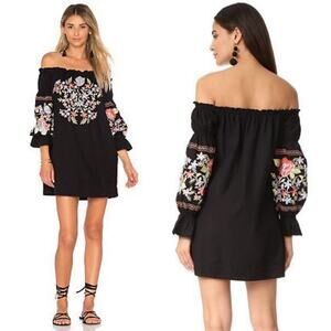 Eileen Fisher floral embroidered off shoulder black mini dress size XS‎